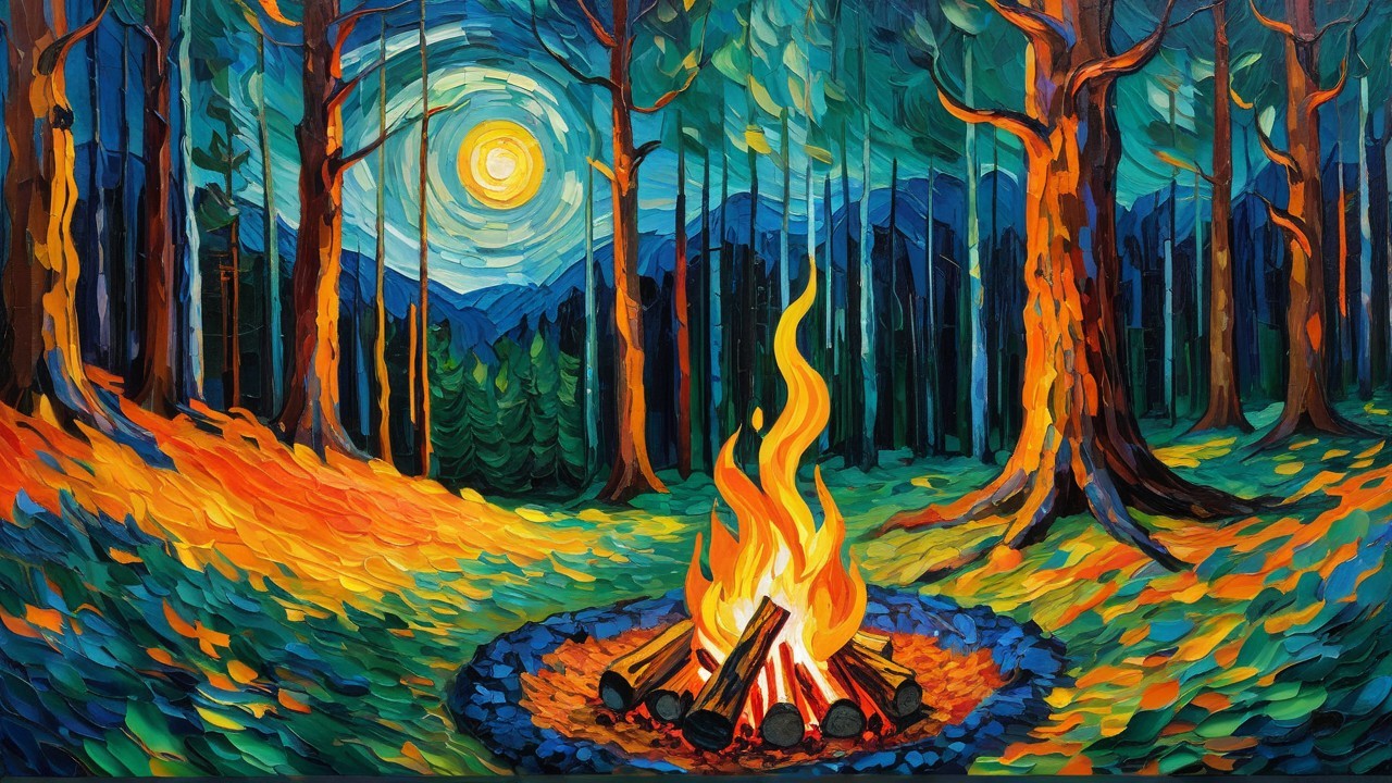 Serene Forest Landscape with Campfire at Dusk