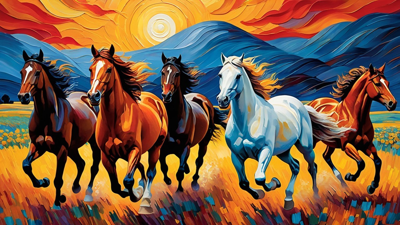 Colorful Painting of Galloping Horses in Sunset Field