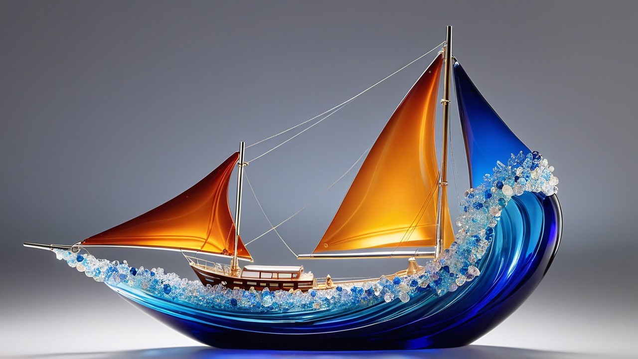 Glass Sculpture of Sailing Ship on Blue Wave