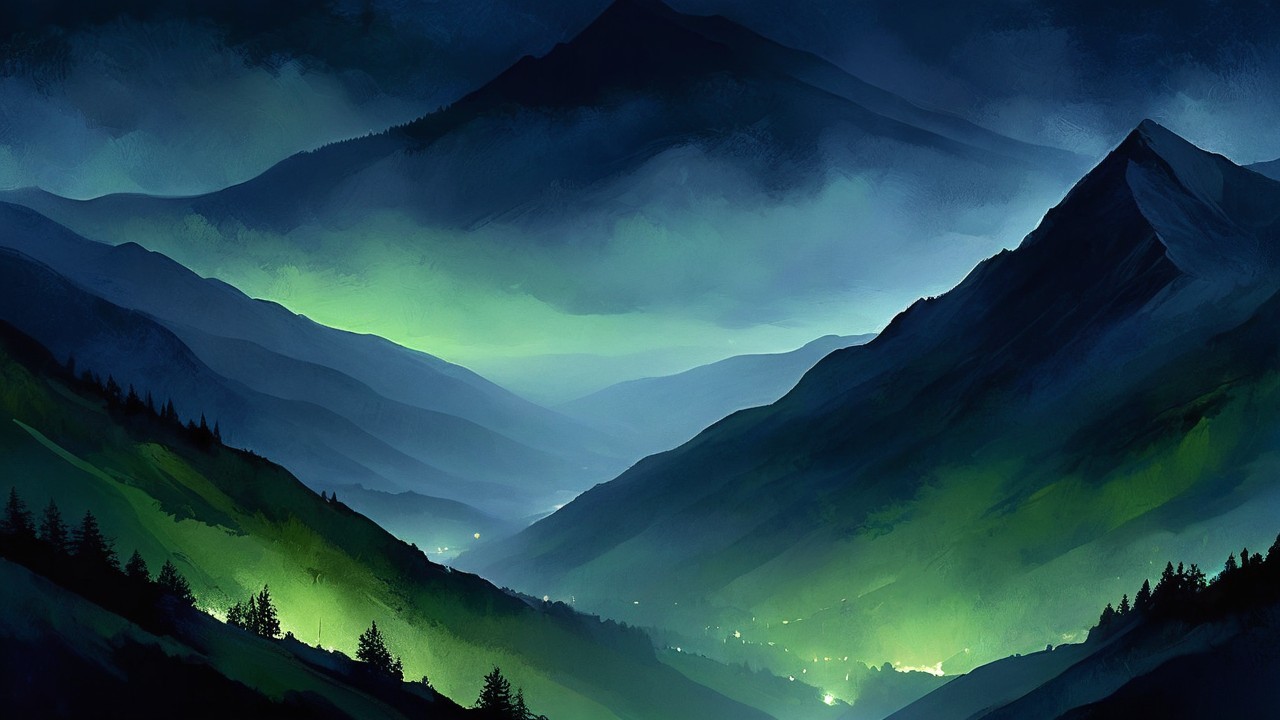 Twilight Landscape with Misty Mountains and Valleys