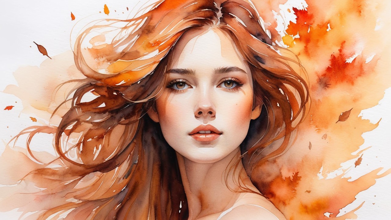 Watercolor Portrait of a Young Woman in Autumn Hues