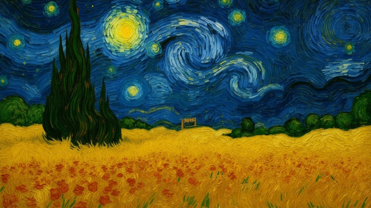 Vibrant Night Sky with Wheat Field and Cypress Tree