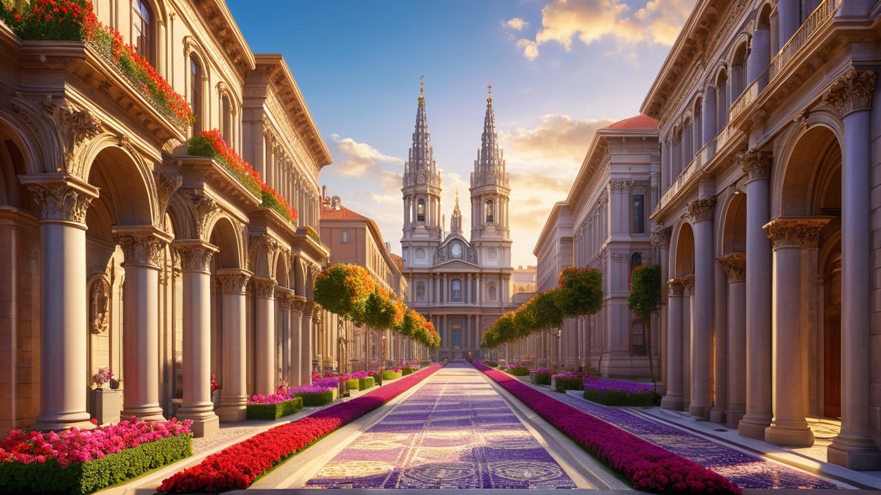 Grand avenue with columns, flowers, and cathedral spires