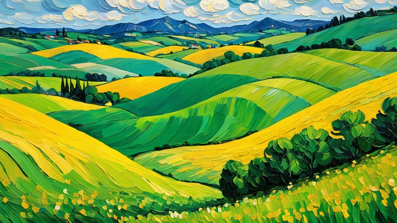 Vibrant Landscape with Rolling Hills and Distant Mountains