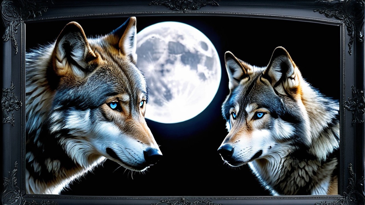 Wolves Under Full Moon with Unique Coat Patterns