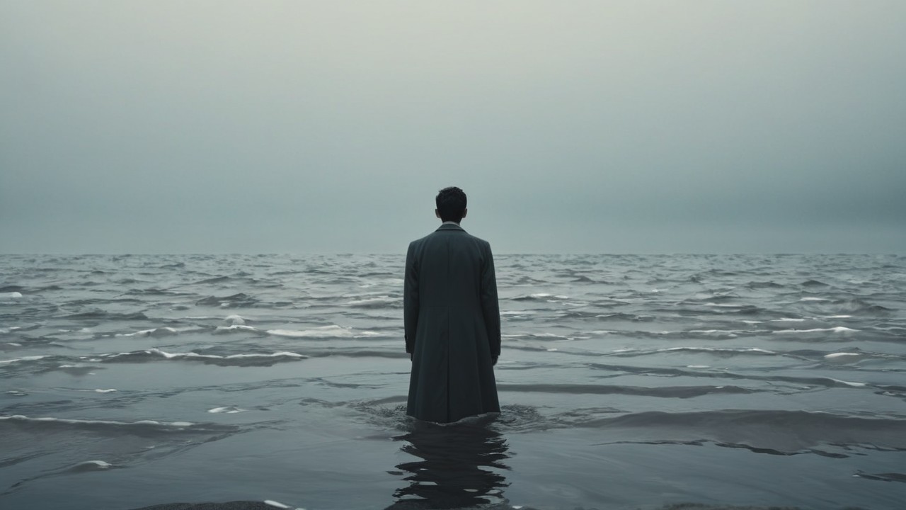 Lone Figure in Shallow Water Under Overcast Sky