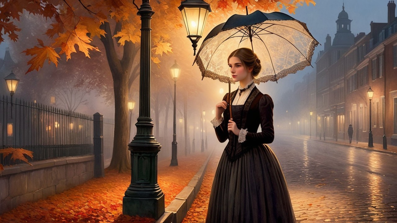 Autumn Scene with Woman and Vintage Lampposts