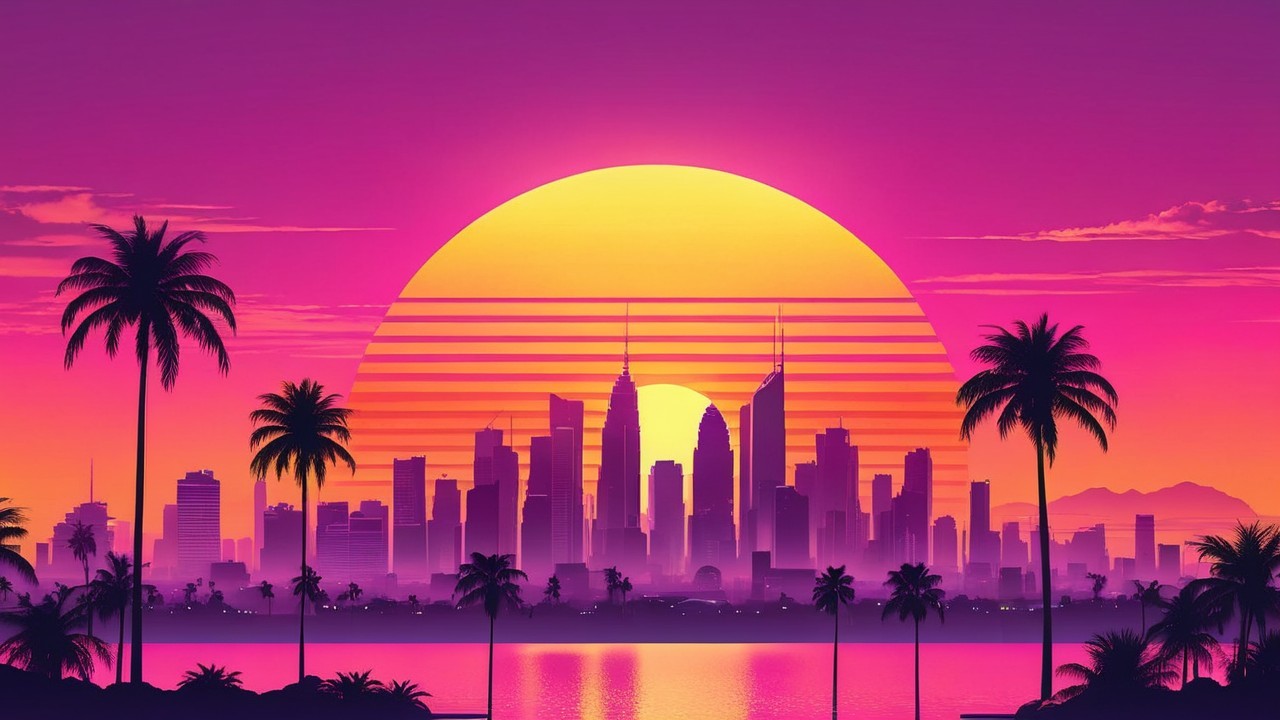 Vibrant Sunset Over Silhouetted Skyline and Palm Trees