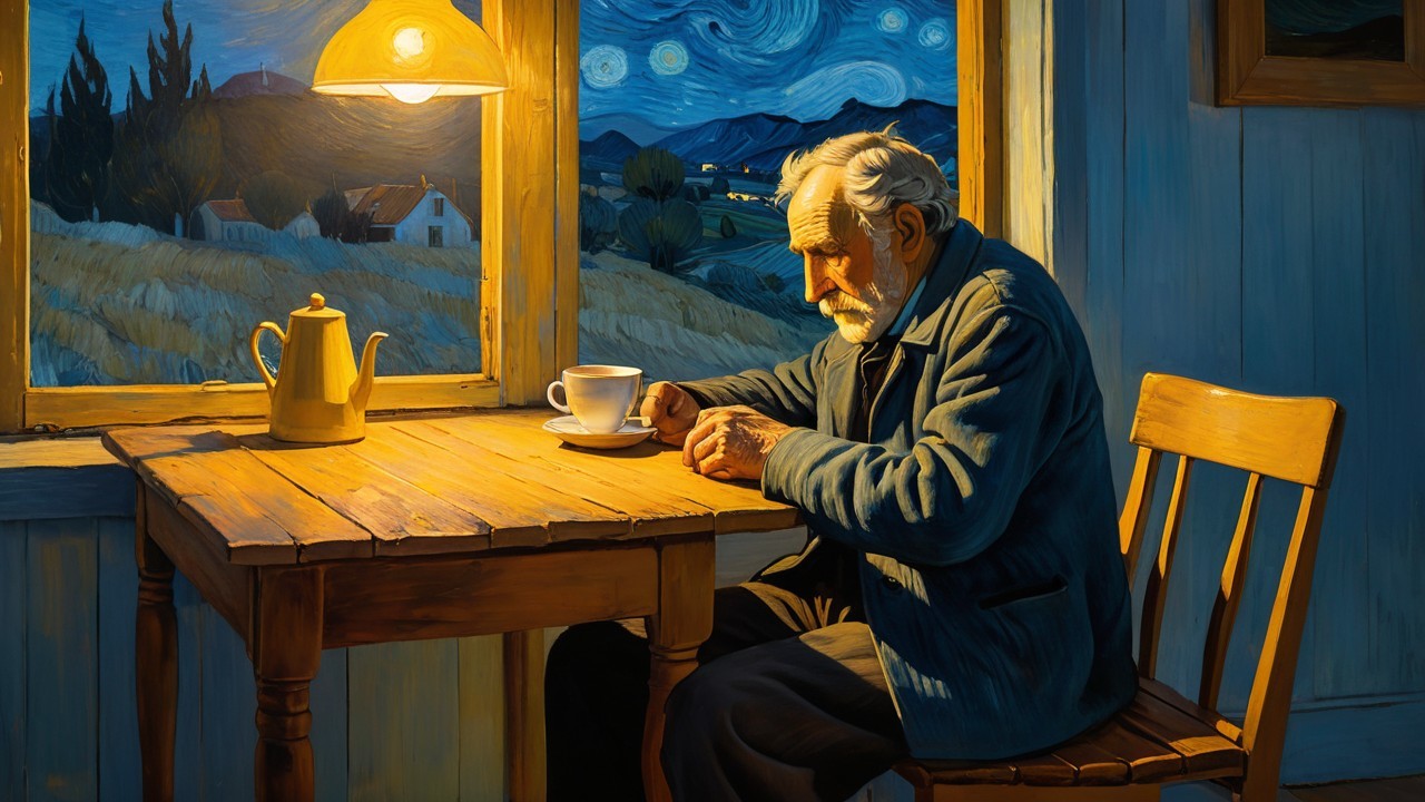 Elderly Man Contemplating Coffee in Starry Room