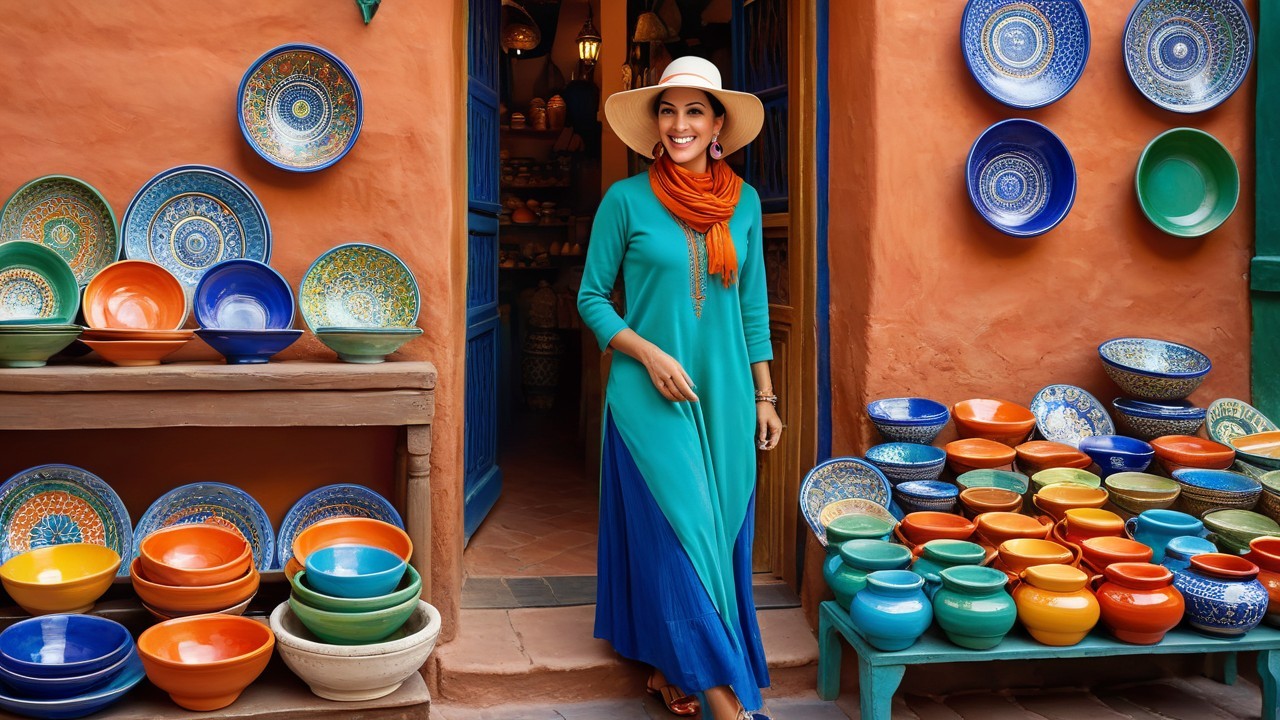 Woman in Pottery Shop Surrounded by Colorful Ceramics