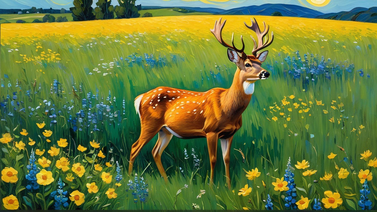 Deer in a Lush Meadow with Colorful Flowers and Hills