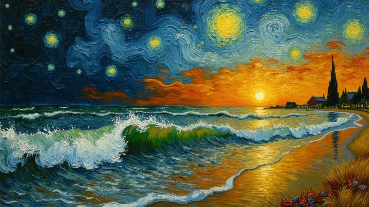 Vibrant Sunset Seascape with Stars and Silhouettes