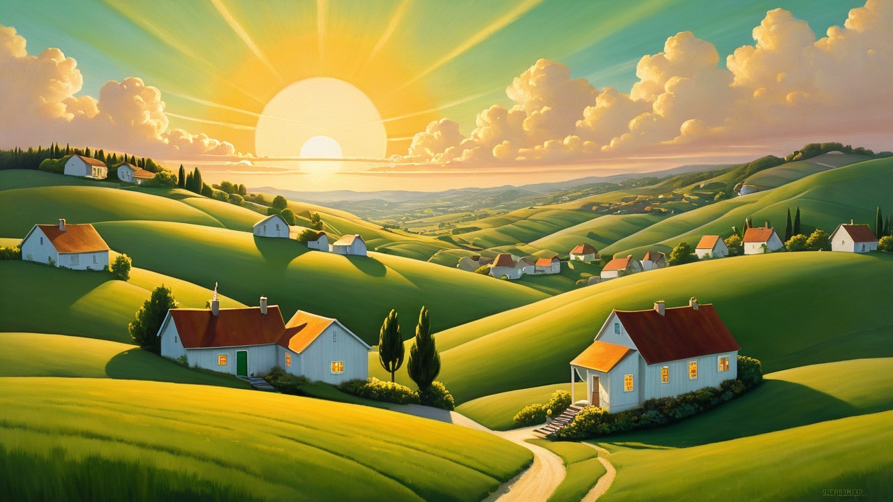 Serene Countryside Landscape at Sunrise with Houses