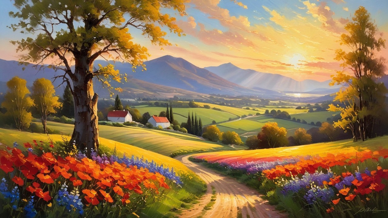 Serene Landscape with Sunrise, Hills, and Flowers