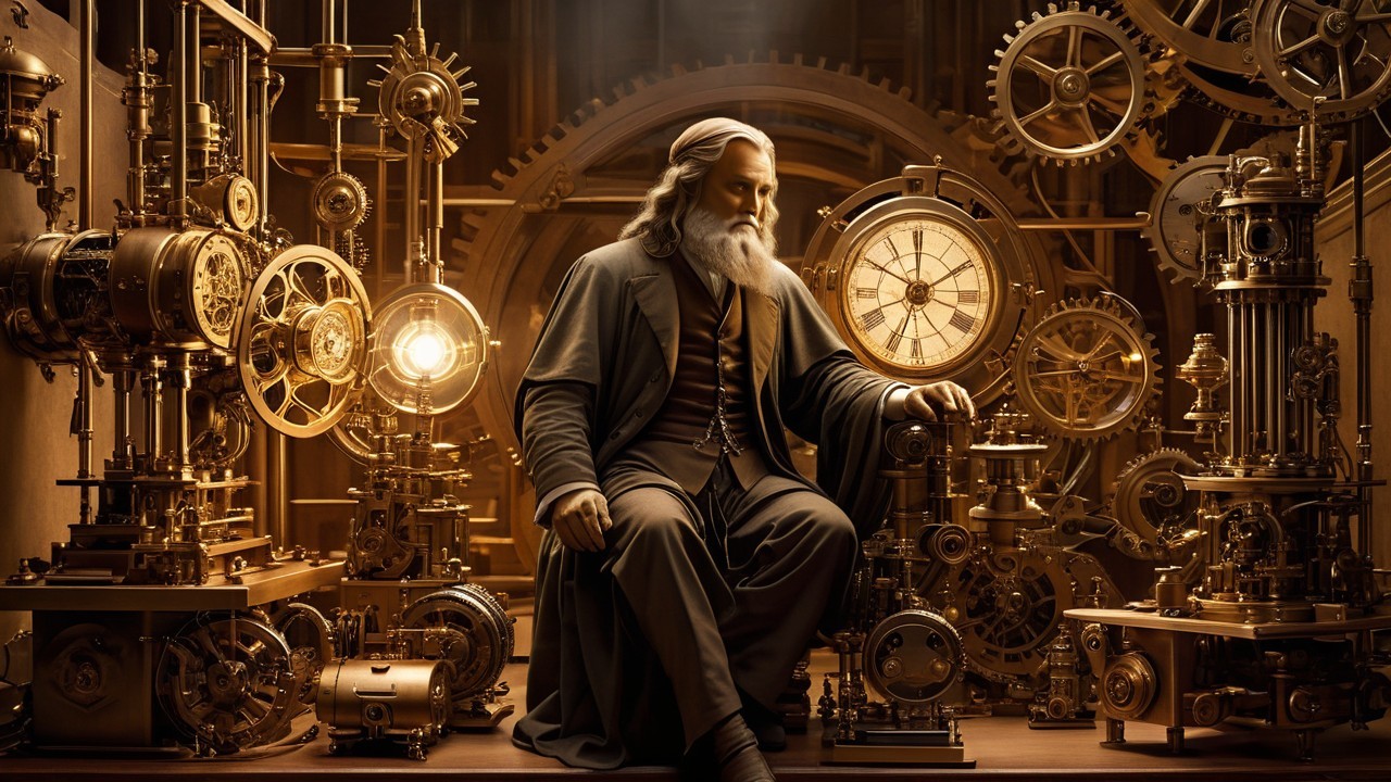 Elderly Figure in a Lavish Steampunk Workshop