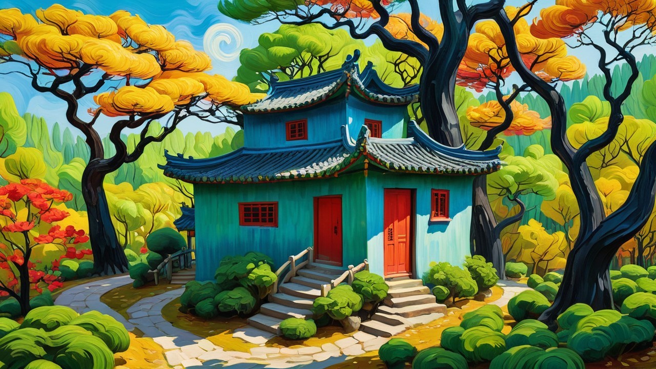 Vibrant Whimsical Landscape with Charming Blue House