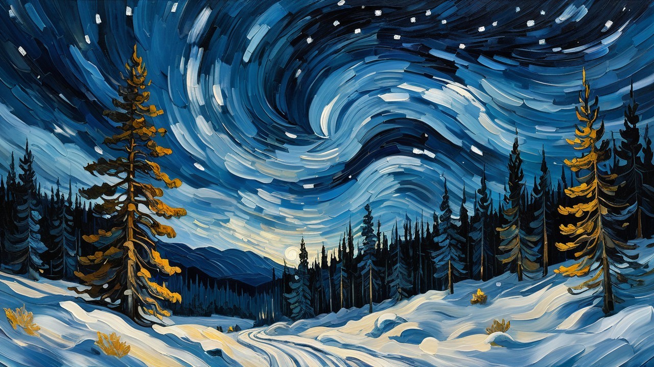 Serene Winter Landscape with Snowy Evergreens and Moonlight