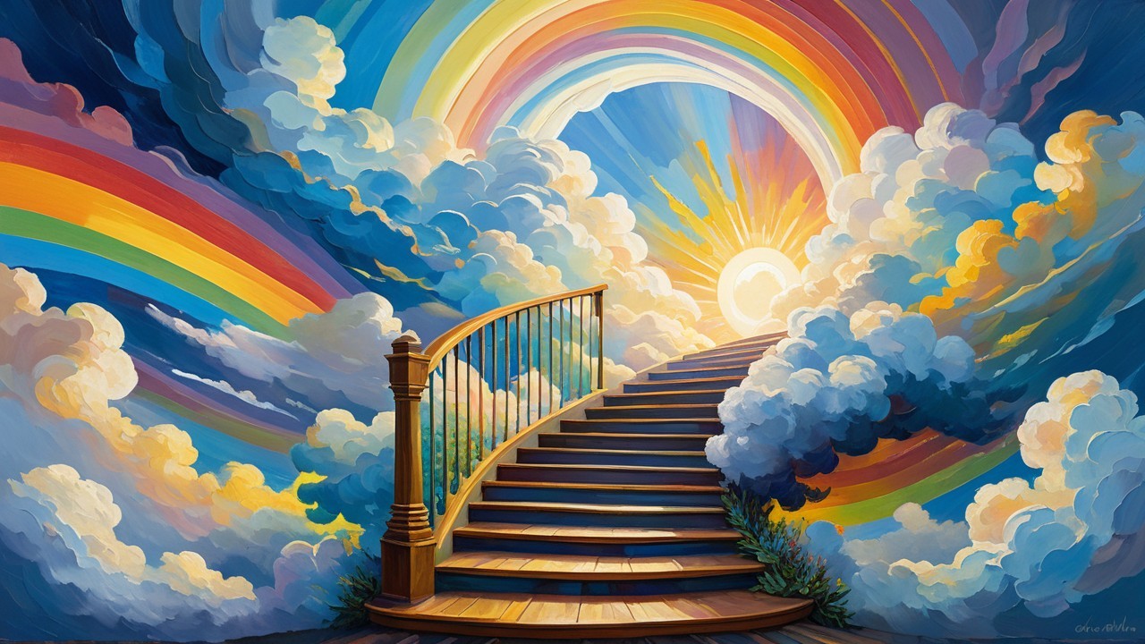 Surreal Staircase in a Colorful Sky with Rainbows