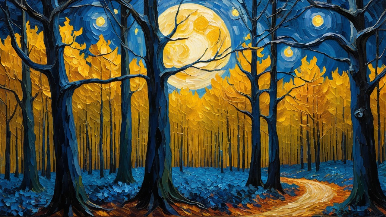Vibrant Landscape with Golden Foliage and Moonlight