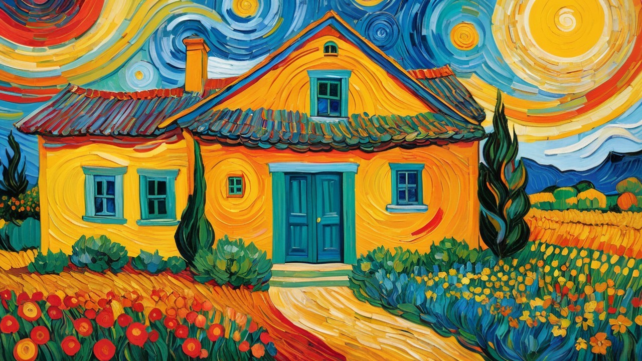 Impressionistic Painting of a Yellow House and Garden