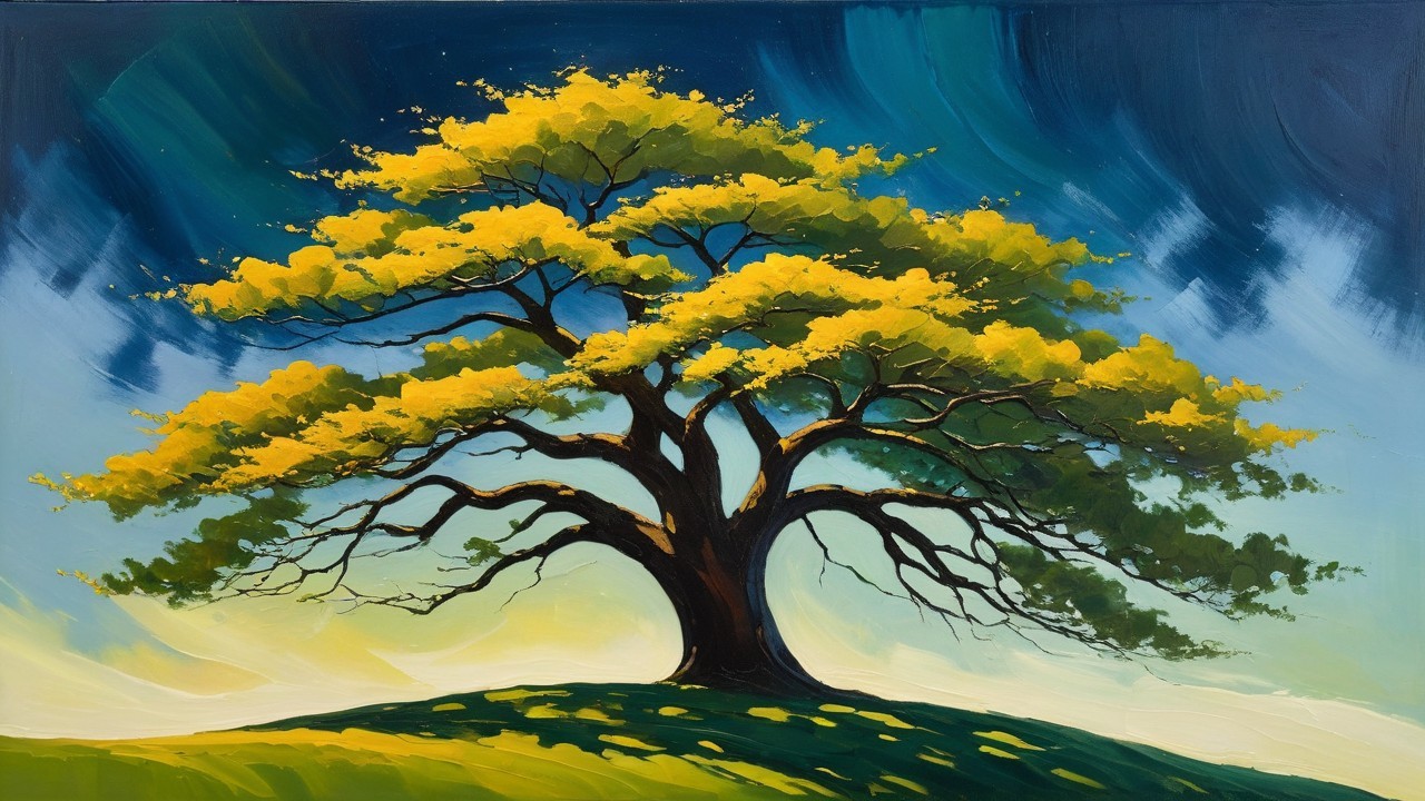 Majestic tree on a hill with vibrant yellow leaves