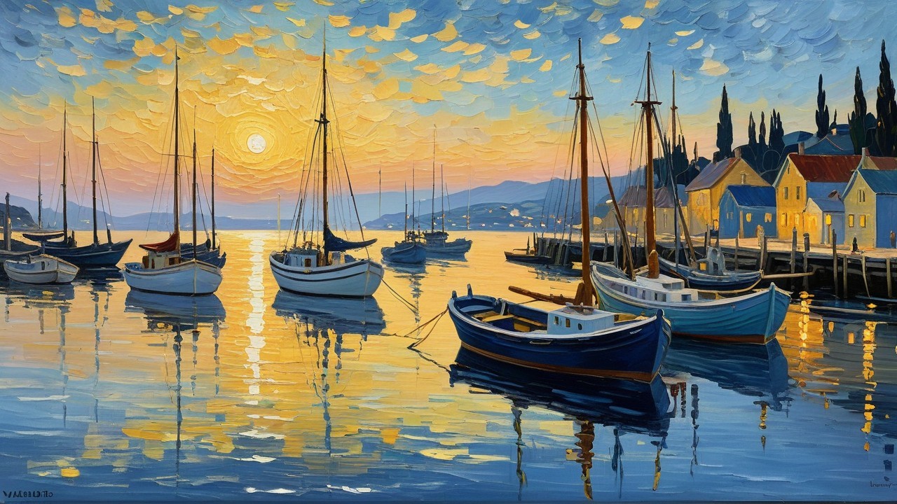 Vibrant Impressionistic Oil Painting of Harbor at Sunset