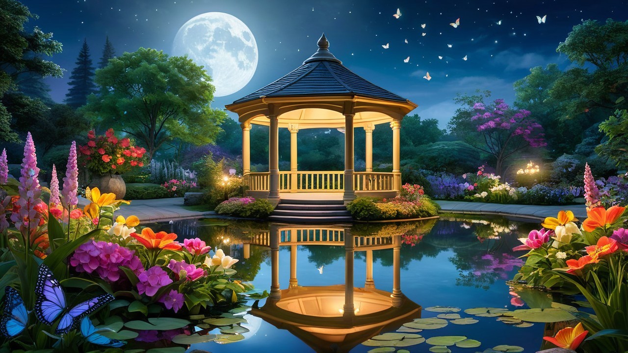 Serene Nighttime Garden with Gazebo and Pond