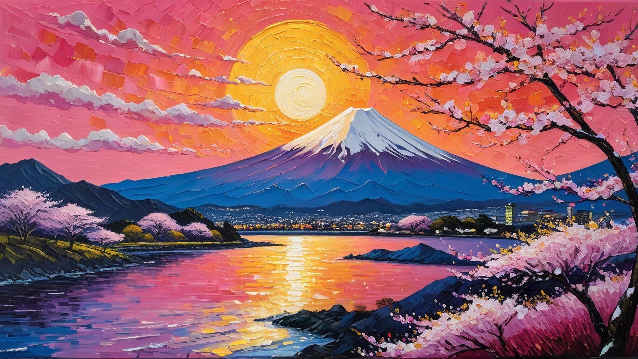 Vibrant Landscape with Mount Fuji and Cherry Blossoms