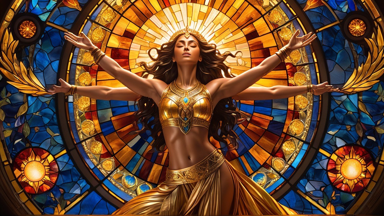 Majestic Figure in Gold Attire with Stained Glass Background