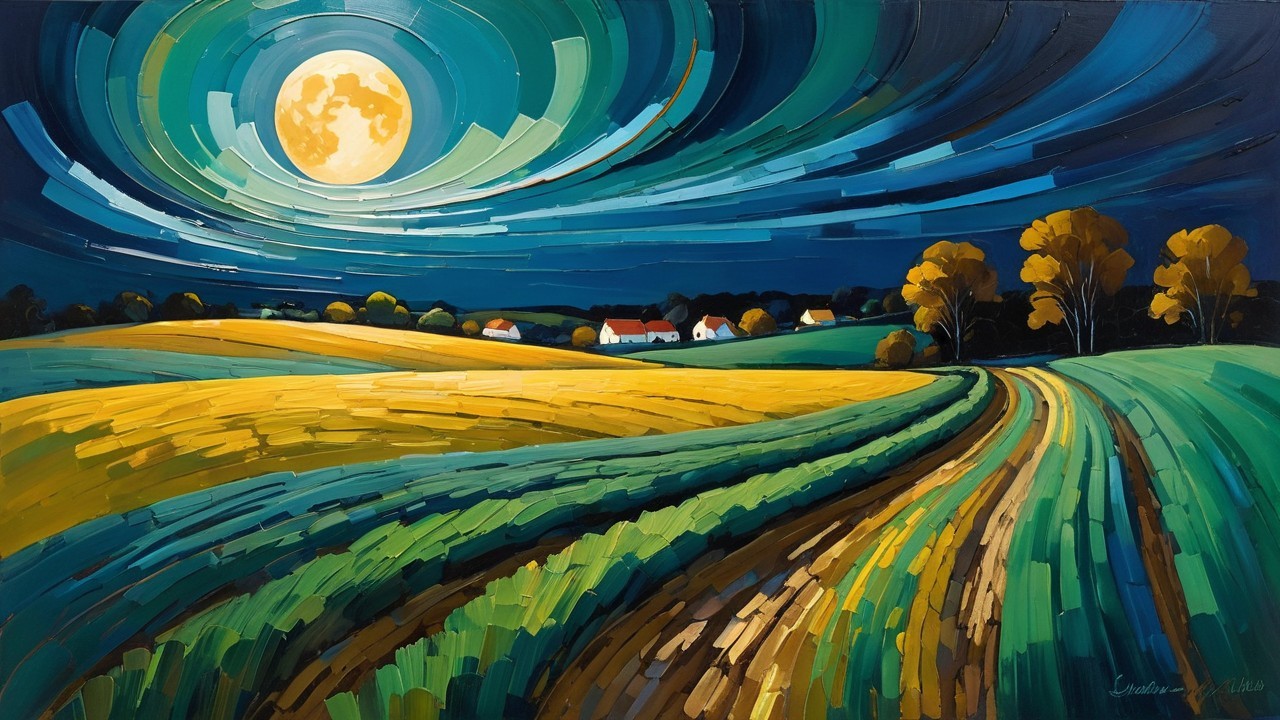 Vibrant Landscape Under a Full Moon with Village