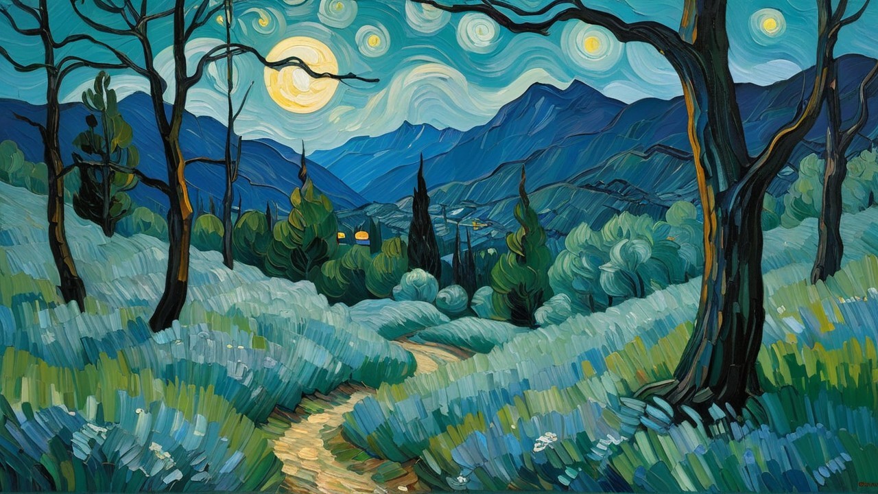 Serene Landscape Under Night Sky with Moon and Hills