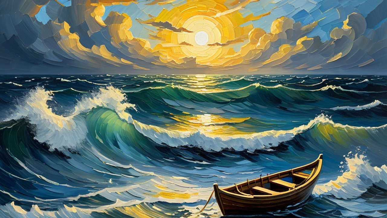 Vibrant Seascape with Boat on Choppy Waves