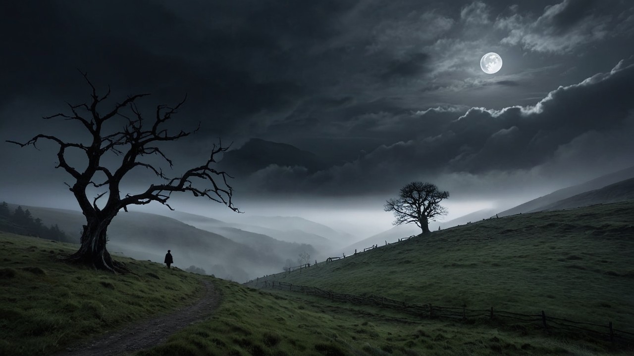 Solitary figure walks a misty path under moonlight