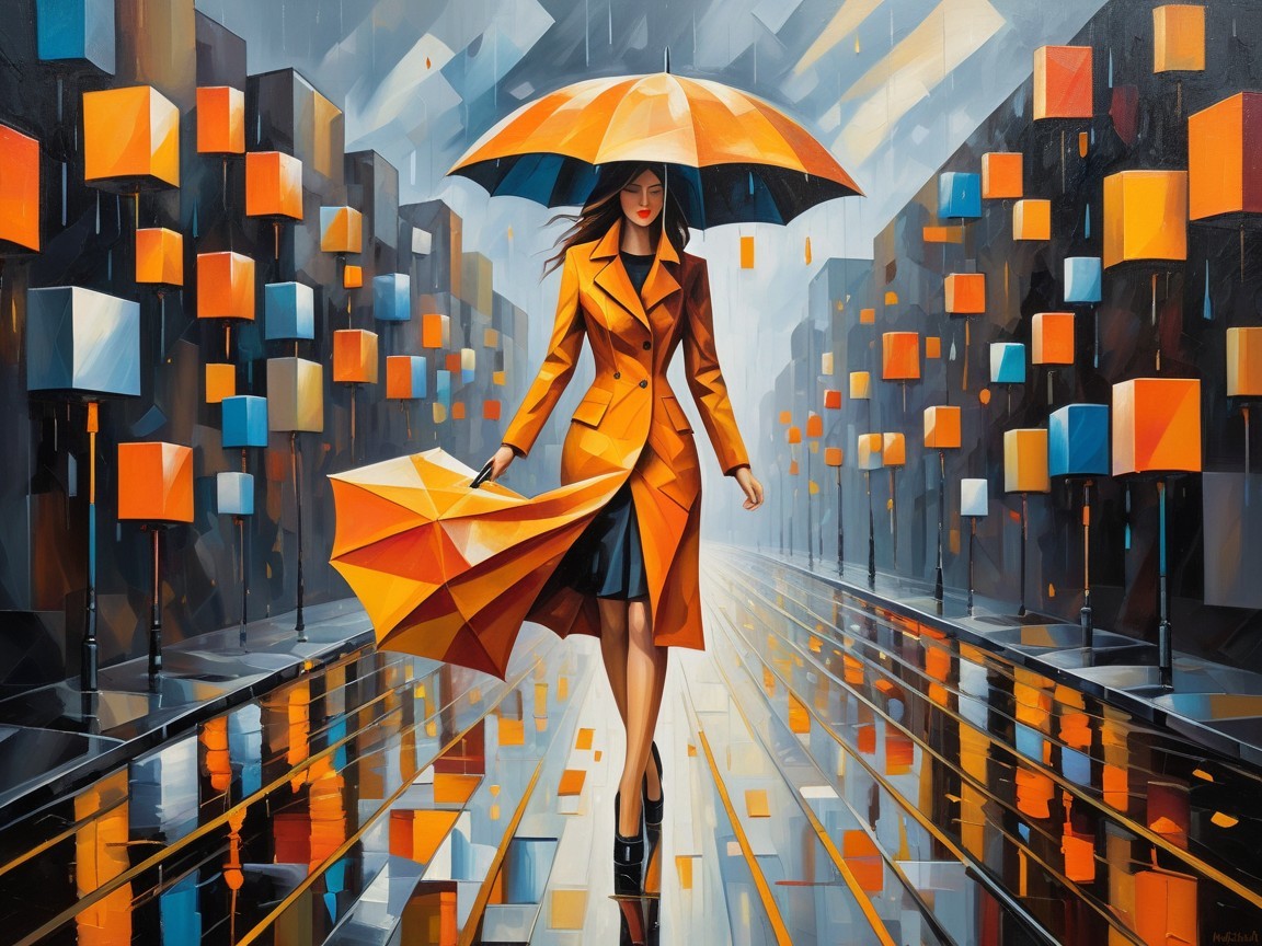 Stylish Woman in Yellow Coat on Rainy City Street