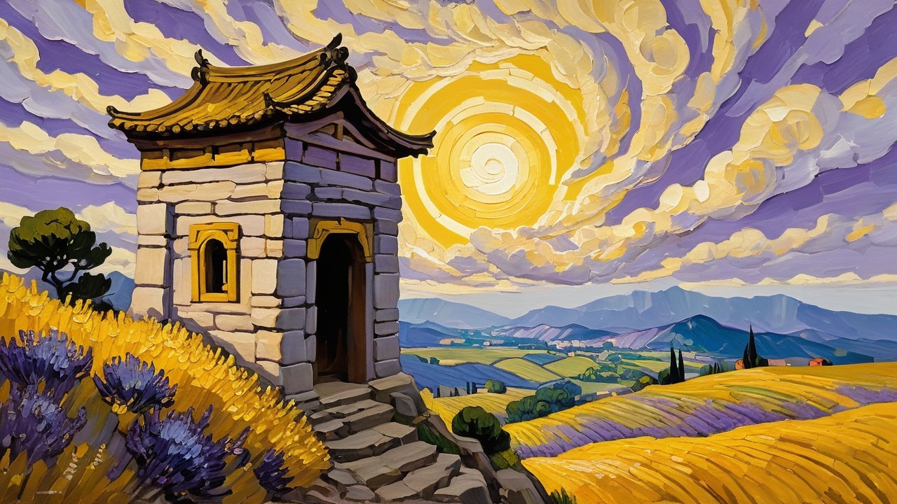 Colorful Painting of a Stone Pagoda on a Hill