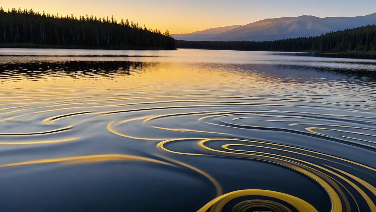 Serene Lake at Sunset with Golden Ripples and Trees