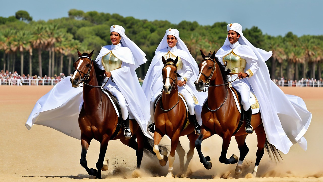 Elegant Equestrian Display with Riders on Brown Horses