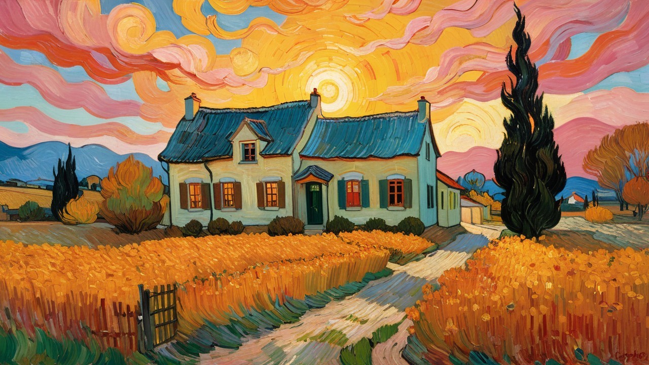 Countryside House with Sunset Sky and Wheat Fields