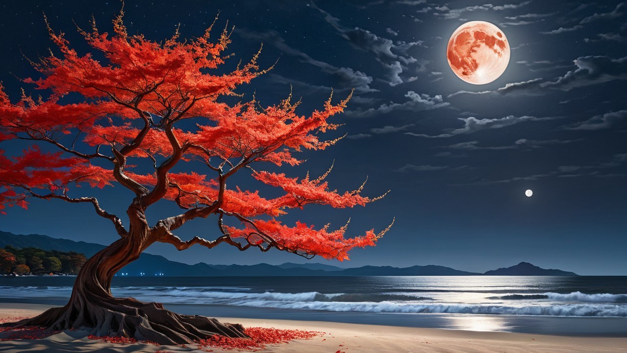 Starry Night Sky with Red Tree on Serene Beach