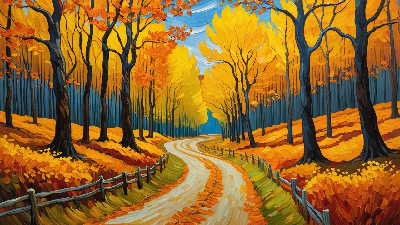 Vibrant Autumn Landscape with Golden Leaves and Blue Sky