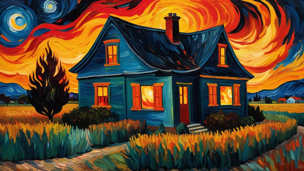 Vibrant Blue House Amid Fiery Sky and Golden Fields