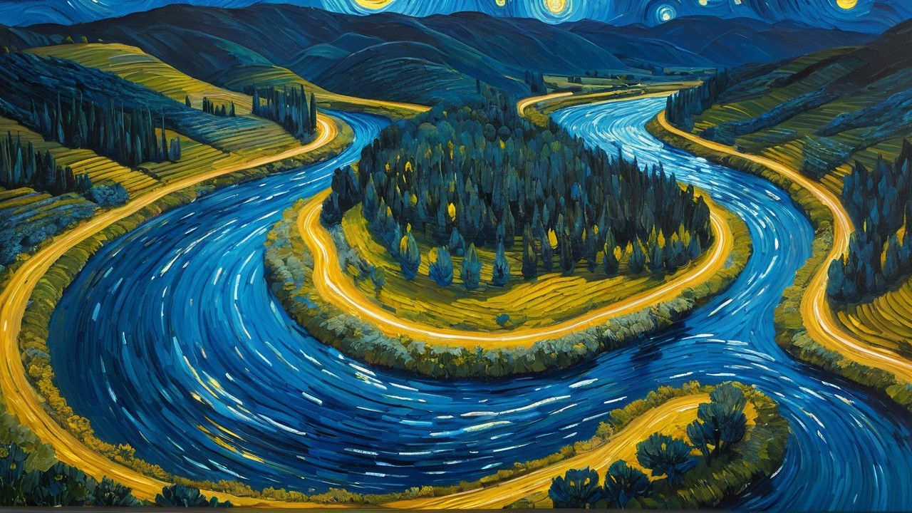 Vivid Landscape of Rivers and Hills Under Starry Sky