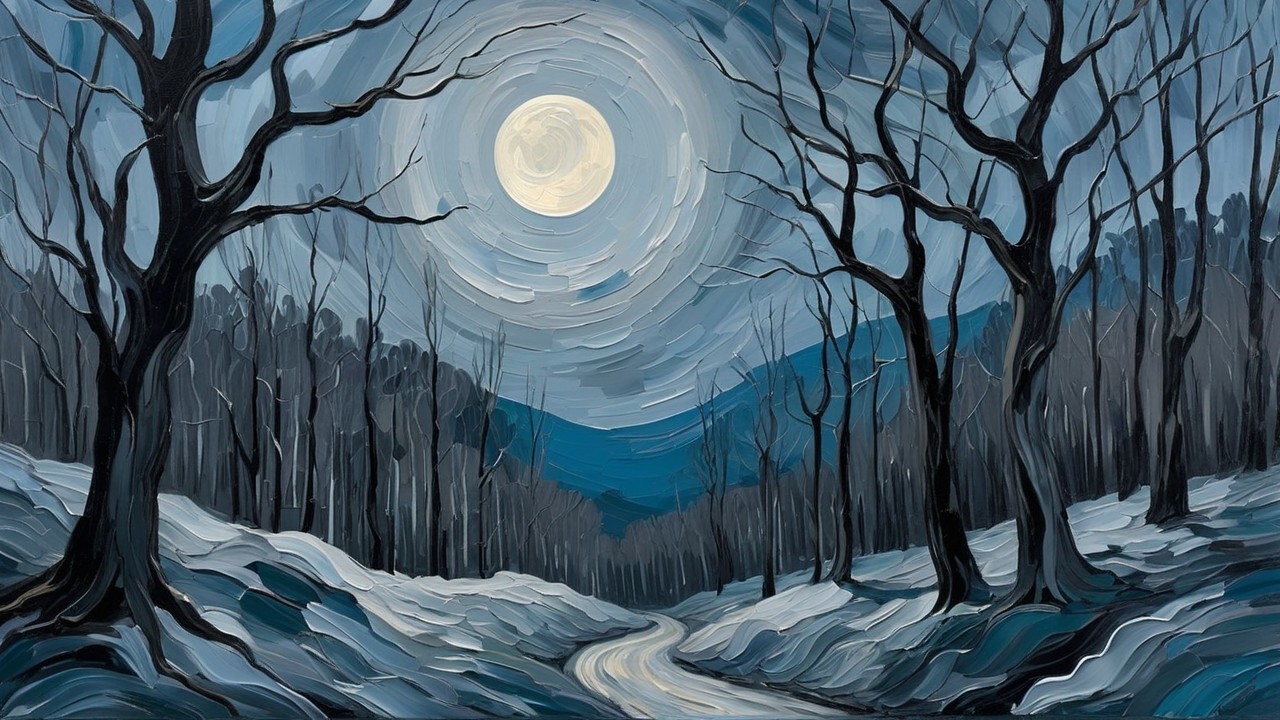 Serene Winter Landscape with Moonlit Path and Trees