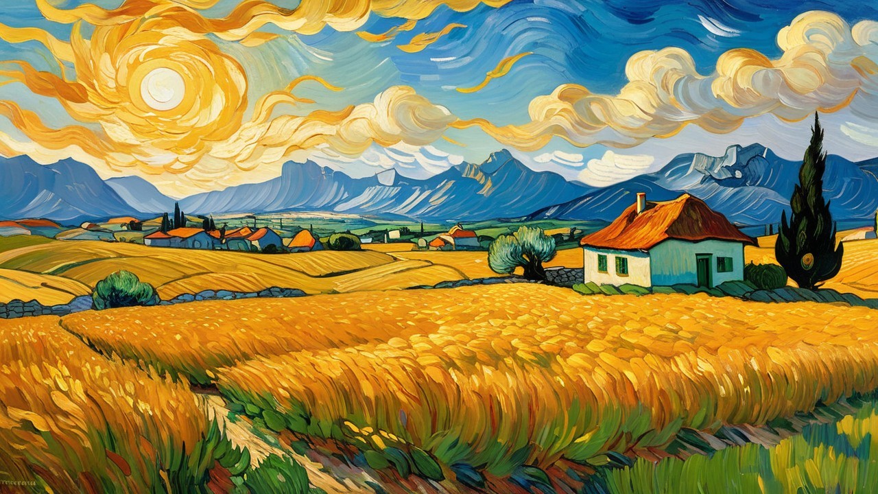 Vibrant Landscape with Golden Fields and Blue Sky