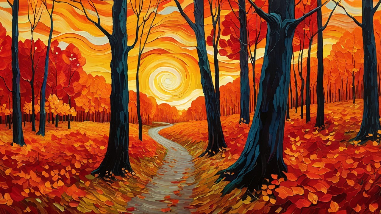 Vibrant Autumn Landscape with Colorful Foliage and Sunset