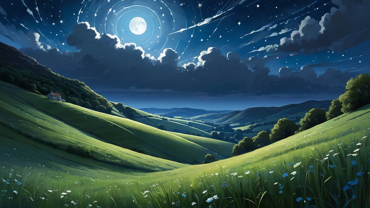Serene Night Landscape with Rolling Hills and Moon
