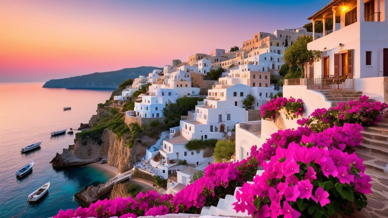 Coastal Scene of Whitewashed Buildings and Bougainvillea