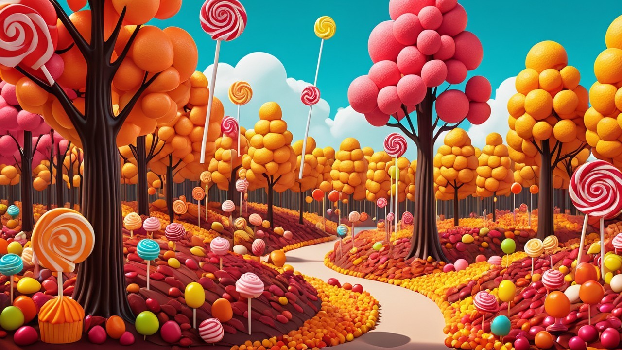 Whimsical Candy Landscape with Colorful Trees and Path