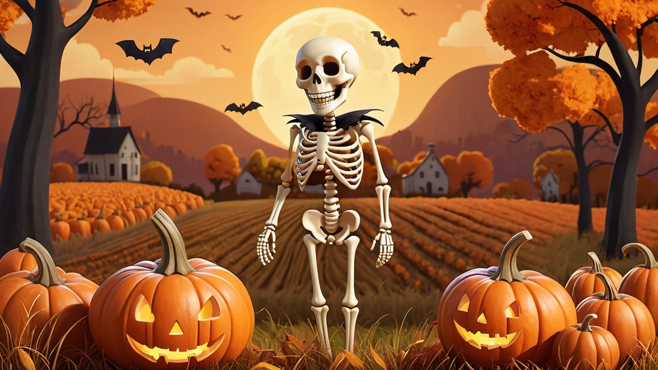 Cheerful skeleton in vibrant autumn landscape with pumpkins