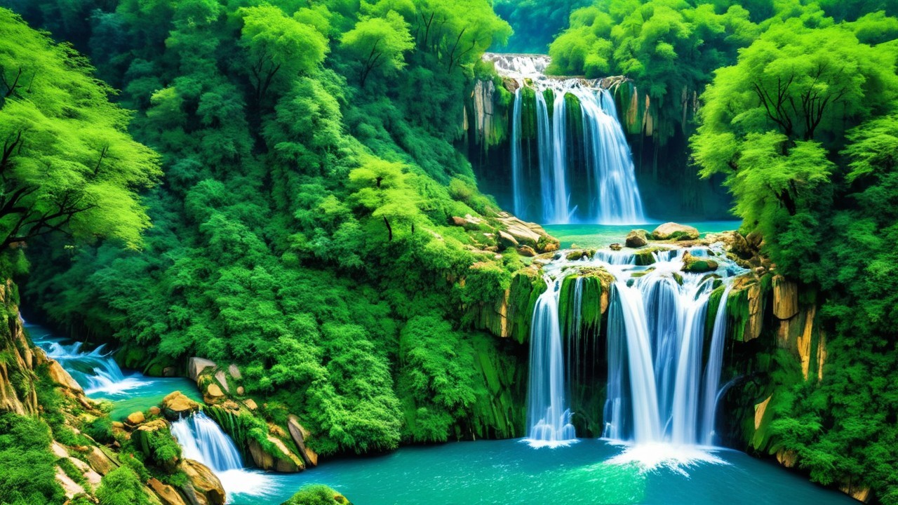 Waterfalls in a Lush Green Jungle Landscape
